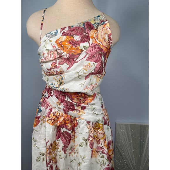 NWT Pattie Asymmetric Cut Out Linen Midi Dress in Cream Floral Size 8 - Picture 9 of 17